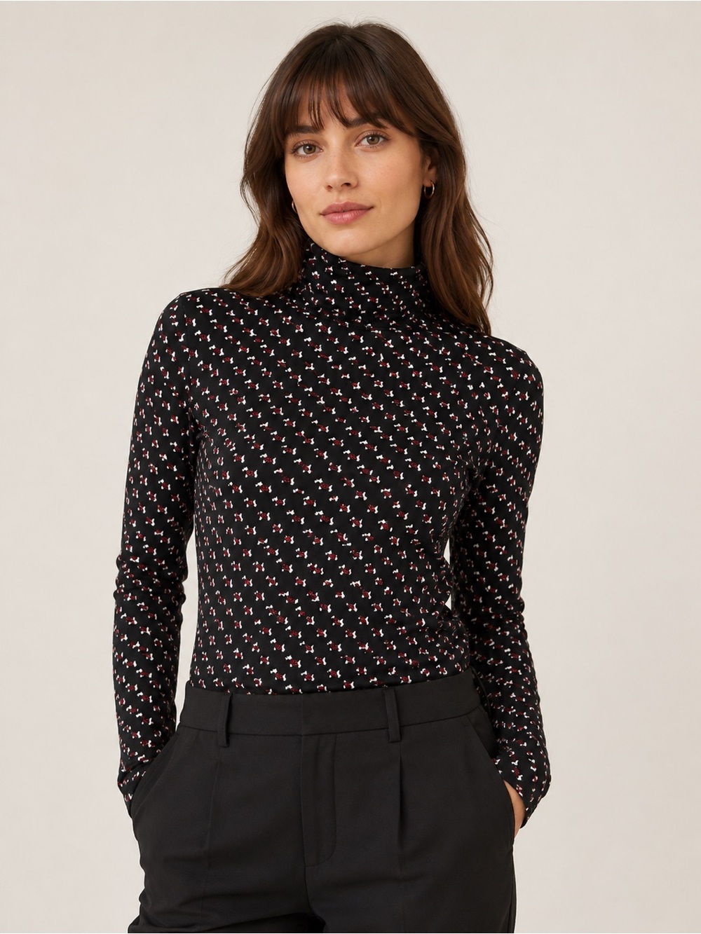 Brooks Brothers Scottie Dog Print Turtleneck Women Size Medium Black Stretch Top